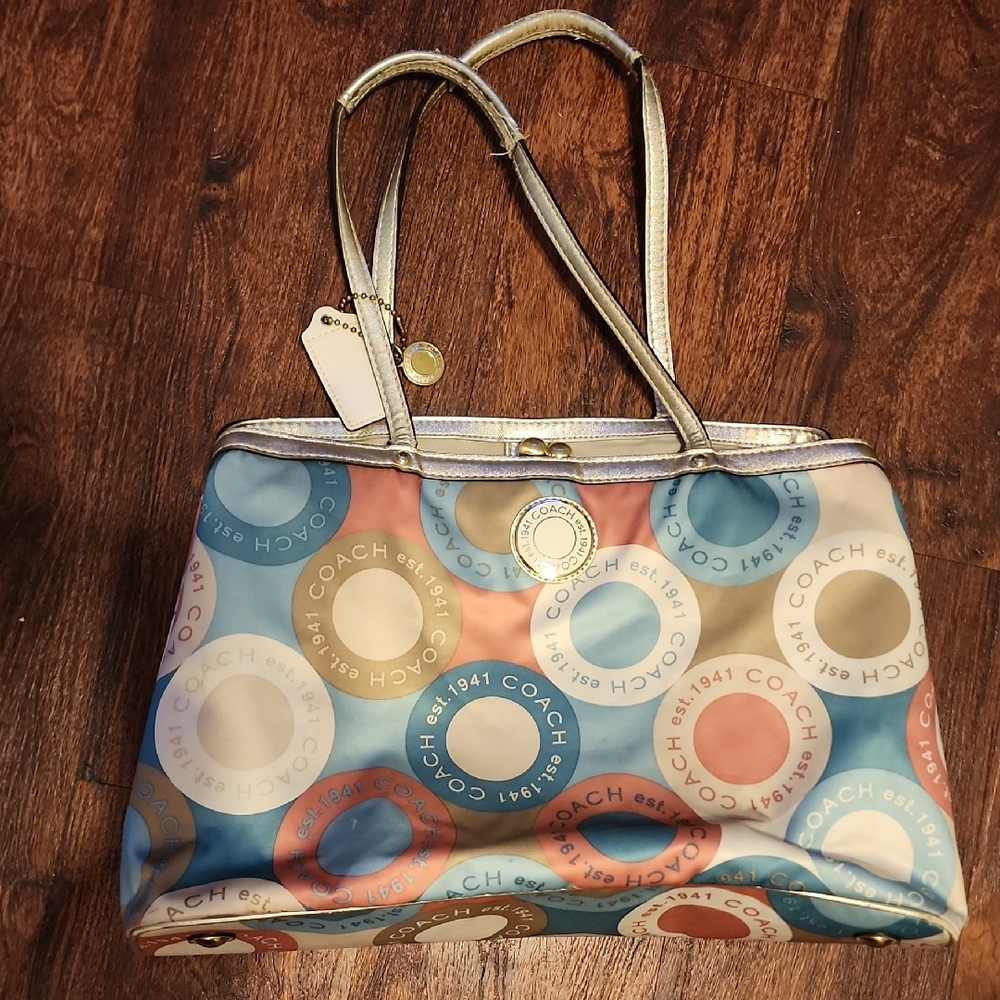 Coach Blue and Tan Circle Pattern Tote